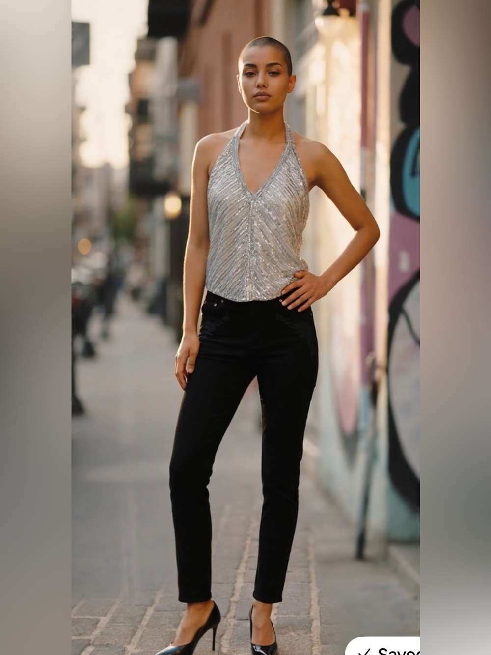Moda International SZ M Silver Beaded Sequin Halter top with V-Neck Camisole